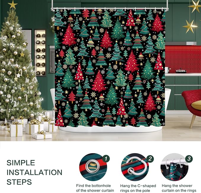 Shower Curtain Christmas, Holiday Shower Curtain Red Green Christmas Tree Snowflake ShowerCurtain Sets Waterproof Polyester Fabric Machine Washable Home Farmhouse Decor Bathroom Curtains