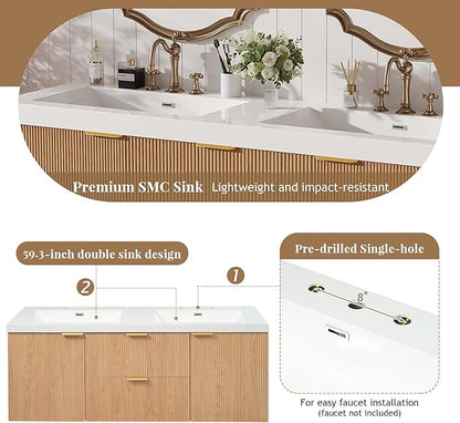 Merax 60 inch Bathroom Vanity with Double Sink, Floating Bathroom Vanities with SMC Resin Top, Painted MDF Cabinet with Solid Wood Frame, Wall-Mounted Modern Storage Vanity for Large Bathrooms