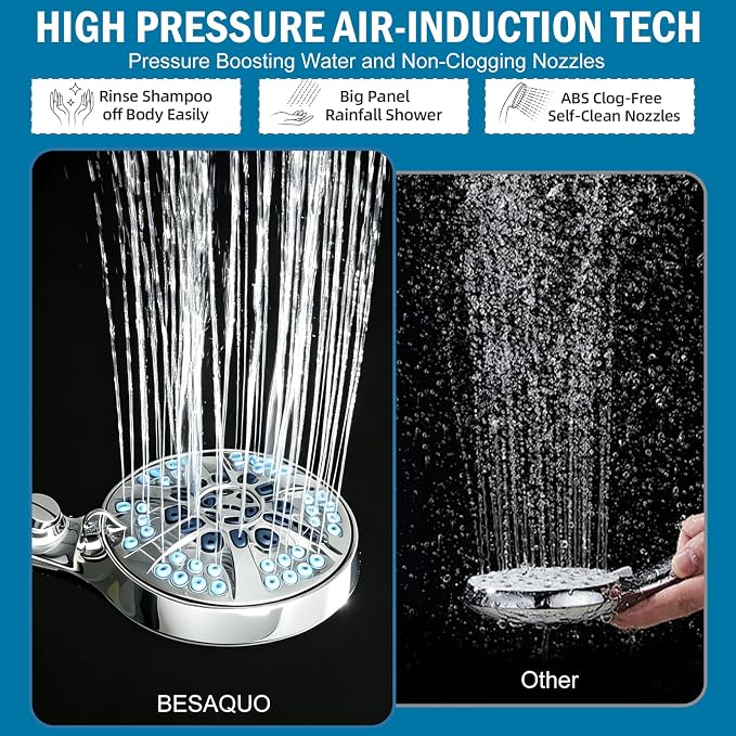 9 Settings Filtered Shower head with Handheld with Power Wash | Hard Water Softener,Remove Chlorine Power Wash for Tub&Tile,ON/OFF Button,6ft Hose,Filtered Shower Head,Premium Chrome