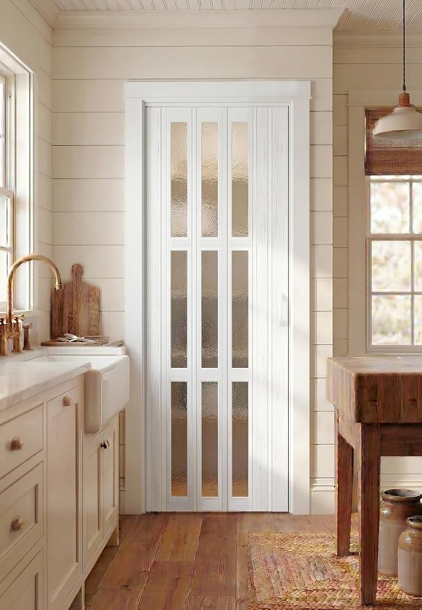 SmartStandard 32X80in Accordion Doors with Frosted Acrylic Glass, White | Save Space, Full-Side Magnetic Strip, Double-Layer PVC Accordion Doors Interior for Doorway Closet, Easy to Assemble