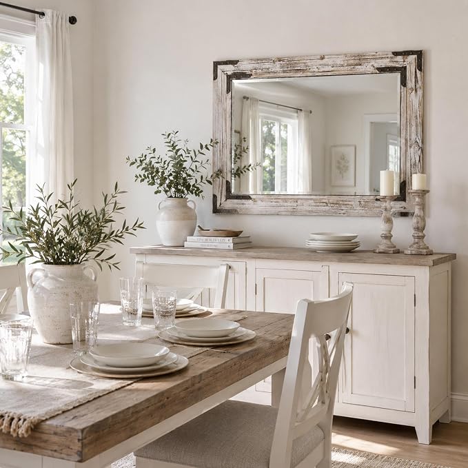 Distressed White 30x40 Inch Wood Bathroom Vanity Mirror, Rivets | Farmhouse style, layered whitewashed grain, larger vanities, dressers, dining areas and entry consoles