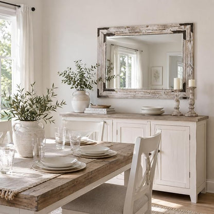 Distressed White 30x40 Inch Wood Bathroom Vanity Mirror, Rivets | Farmhouse style, layered whitewashed grain, larger vanities, dressers, dining areas and entry consoles