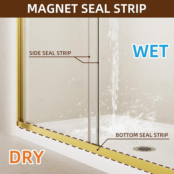 Royal Guard Double Sliding Shower Door,44-48" W x 70" H，Brush Gold | Shower Doors with 6mm Clear SGCC Tempered Glass,Bypass Shower Enclosure,Nano Coating Easy Clean&Waterproof&Adjustable Width
