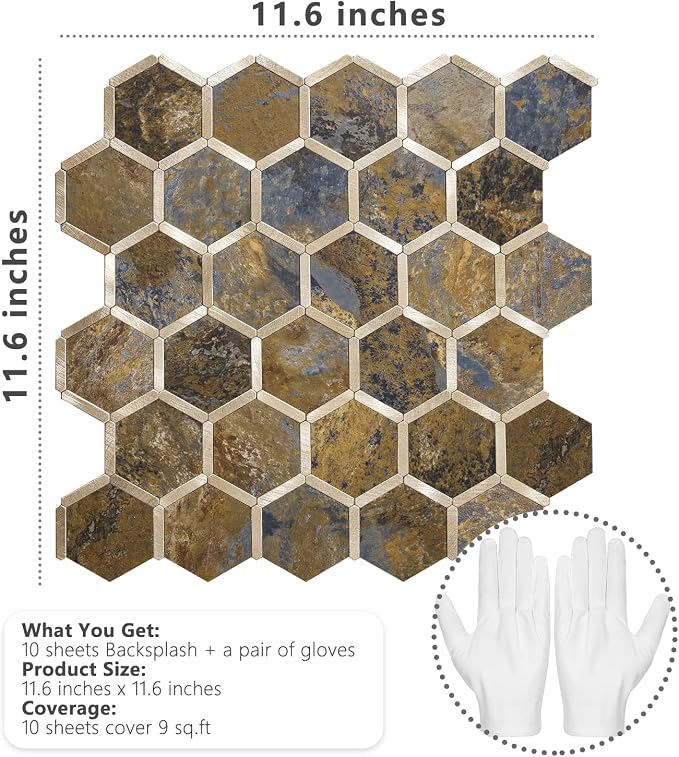 STICKGOO Hexagon Peel and Stick Backsplash Tile, Stick on Backsplash for Kitchen and Bathroom, Rust Slate Look PVC Mixed Metal Gold Self Adhesive Metal Mosaic Tiles(10 Sheets, Seamless)