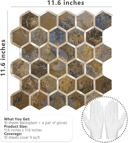 STICKGOO Hexagon Peel and Stick Backsplash Tile, Stick on Backsplash for Kitchen and Bathroom, Rust Slate Look PVC Mixed Metal Gold Self Adhesive Metal Mosaic Tiles(10 Sheets, Seamless)