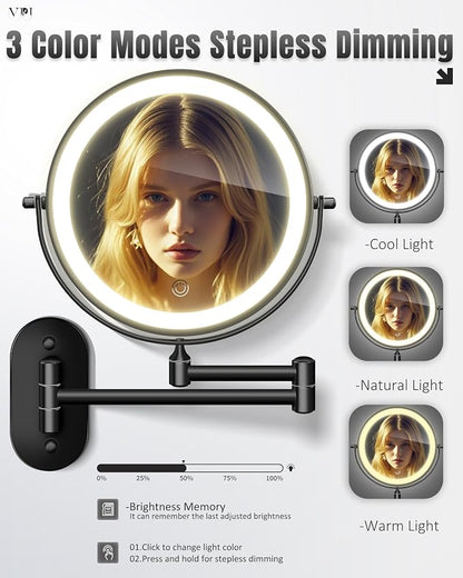 30X/1X 8 Inch Wall Mounted Magnifying Makeup Mirror with Light for Bathroom | 3500mAh Double Sided Rechargeable LED Lighted Vanity Mirror with Magnification 3 Color Light up Extended Arm 360 Rotation