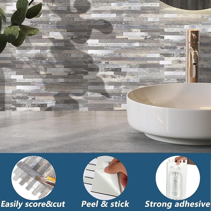 Yipscazo 2026 New Upgrade Peel and Stick Stone Metal Backsplash, PVC Wall Tiles Stick on Tiles for Backsplash Kitchen, Bathroom, Fireplace (40 Sheets, Light Wood)