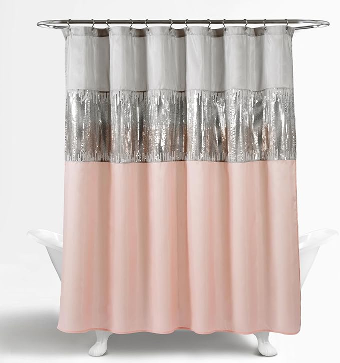 Lush Decor Night Sky Shower Curtain, Single, 72" W x 72" L, Gray & Blush - Sequin Shower Curtain - Sparkly Color Block Bath Curtain - Modern Glam Bathroom Decor