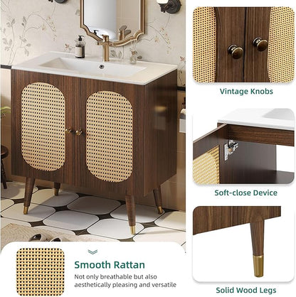 DWVO 36 Inch Rattan Vanity with Sink, Freestanding Bathroom Vanity Cabinet, Boho Style with 2 Large Soft-Closing Doors & Four-Sided Water Barrier Strip, Walnut