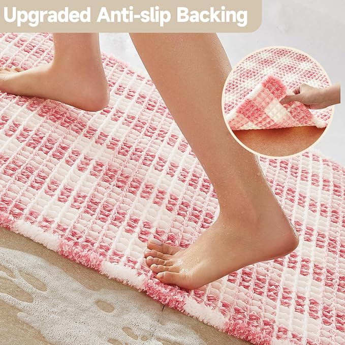 TYUU Waffle Bath Mat, Cute Bathroom Rugs Non Slip, 48x24 Pink & White | Super Absorbent Quick Dry Bath Rug, Non-Slip Backing, Soft Waffle Washable Farmhouse Bathroom Mats, Tub, Shower & Home Decor