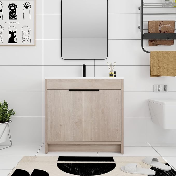 36'' Freestanding Bathroom Vanity, 36 Inch Floor Stand Bathroom Vanity with Sink, Single Ceramic Sink Cabinet Set, Modern Storage Cabinet, with Soft Closing Door, 02436PLO+9090B