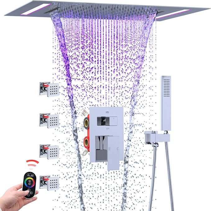 ENGA Shower System with Body Jets, 2 In 1 Functions Ceiling Mount 14x20inch LED Shower Head with 4 Body Jets, Rainfall Waterfall Shower Faucet Set, Chrome