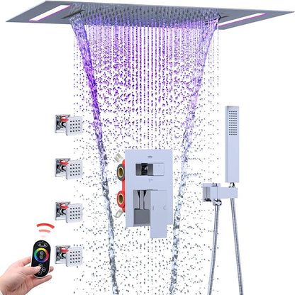 ENGA Shower System with Body Jets, 2 In 1 Functions Ceiling Mount 14x20inch LED Shower Head with 4 Body Jets, Rainfall Waterfall Shower Faucet Set, Chrome