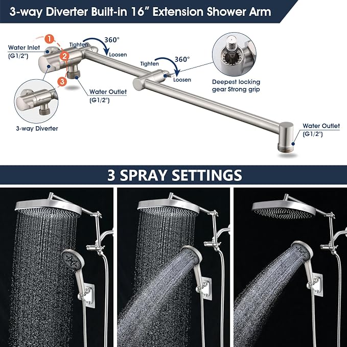 PDPBath 14 Inch Rain Shower Head with 5+1 Settings Handheld Spray Combo, High Pressure Rainfall Shower Head with 16'' Adjustable Extension Arm, 79" Extra Long Hose, 3-Way Diverter, Brushed Nickel