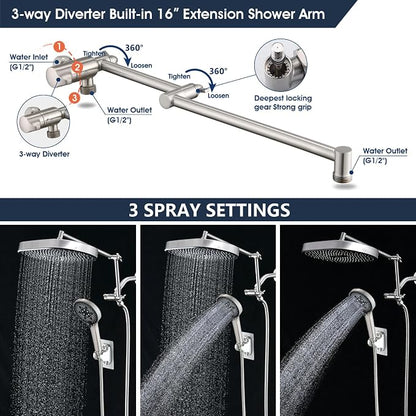 PDPBath 14 Inch Rain Shower Head with 5+1 Settings Handheld Spray Combo, High Pressure Rainfall Shower Head with 16'' Adjustable Extension Arm, 79" Extra Long Hose, 3-Way Diverter, Brushed Nickel