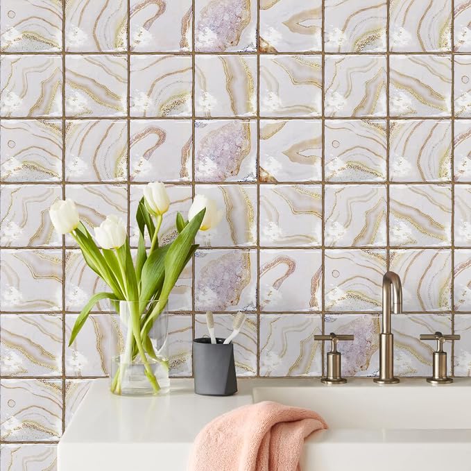 Alwayspon Vinyl Sticker Peel and Stick, Self-Adhesive Wall Tile Transfers Backsplash Sticker Decal for Kitchen Bathroom, 6x6inch/15x15cm 10Pcs, Light Stone Stripes T048