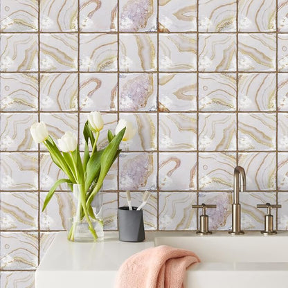 Alwayspon Vinyl Sticker Peel and Stick, Self-Adhesive Wall Tile Transfers Backsplash Sticker Decal for Kitchen Bathroom, 6x6inch/15x15cm 10Pcs, Light Stone Stripes T048
