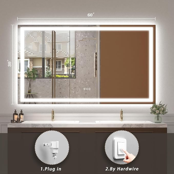 60x30 LED Lighted Bathroom Mirror for Vanity Wall | Front Light and Backlit, Anti-Fog, Memory, 3 Color, Tempered Glass, Dimmable, Rectangular, UL, Horizontal/ Vertical Mounted