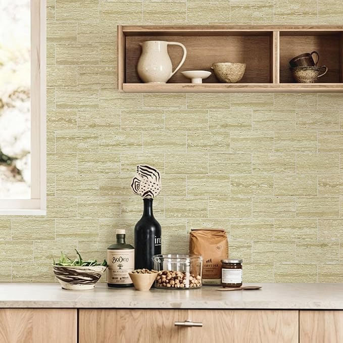 Vamos Tile 100 Pieces Peel and Stick Backsplash Tiles, 3" x 6" PVC Subway Tile, Beige Mix Off White Travertine Stick on Backsplash Tiles for Kitchen/Bathroom/Fireplace/Laundry/Camper