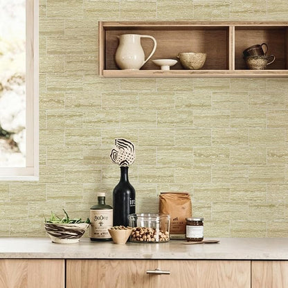 Vamos Tile 100 Pieces Peel and Stick Backsplash Tiles, 3" x 6" PVC Subway Tile, Beige Mix Off White Travertine Stick on Backsplash Tiles for Kitchen/Bathroom/Fireplace/Laundry/Camper
