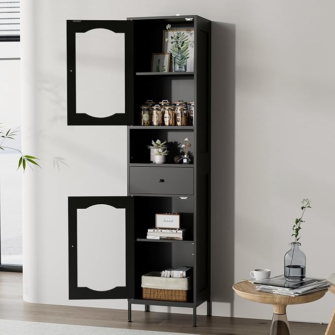 66.4" Tall Bathroom Storage Cabinet with Adjustable Shelves and Glass Doors, Anti-Tipping Narrow Cabinet, Linen Cabinet for Bathroom, Kitchen, Living Room, Black