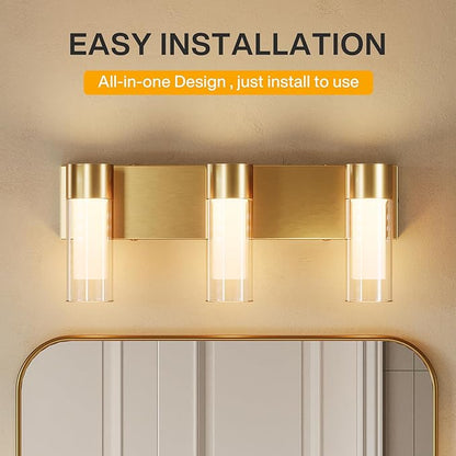 Tribesigns LED Bathroom Light Fixtures, 3-Light Vanity Lights Over Mirror, Wall Lights with 3 Color Modes & Gold Finish, Wall Sconces with Clear Glass Shades for Bathroom Hallway Bedroom