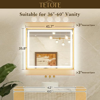 42 x 36 Led Mirror Brushed Gold Metal Frame Frontlit & Backlit Vanity Mirror Anti-Fog Stepless Dimmable 3 Colors White/Warm/Natural Wall Mirror with Lights Wall-Mounted