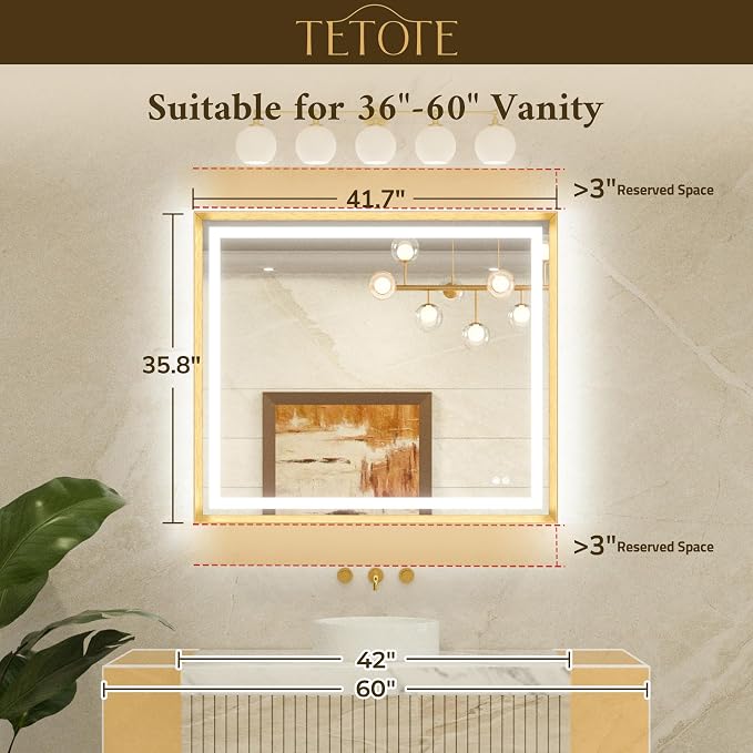 42 x 36 Bathroom LED Mirror Brushed Gunmetal Gray/Off‑Black Metal Frame Frontlit & Backlit Vanity Mirror Anti-Fog Stepless Dimmable 3 Colors White/Warm/Natural Mirror with Lights Wall-Mounted