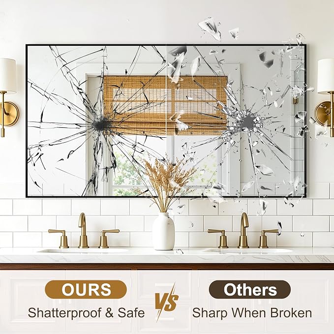 Rectangular Bathroom Mirror, 55"x30" Black Metal Framed Vanity Mirror | HD Shatterproof Wall Mirror, Horizontal or Vertical Hanging, Easy Installation for Bathroom, Bedroom, Living Room, Entryway