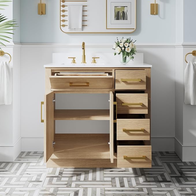 36-Inch Bathroom Vanity with Sink W/ 2 Doors & 4 Drawers & 1 Flip Drawer, Oak Vanity W/Brushed Gold Handles