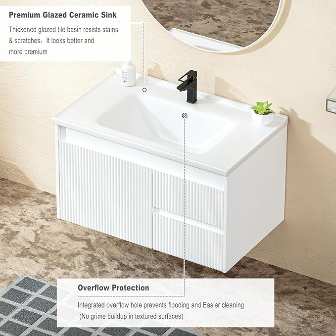 Floating Bathroom Vanity 32 Inch, Wall Mounted Bathroom Vanity with Ceramic Sink and 2 Drawers for Storage, Modern Wave-Carved Design Wooden Sink Cabinet, White