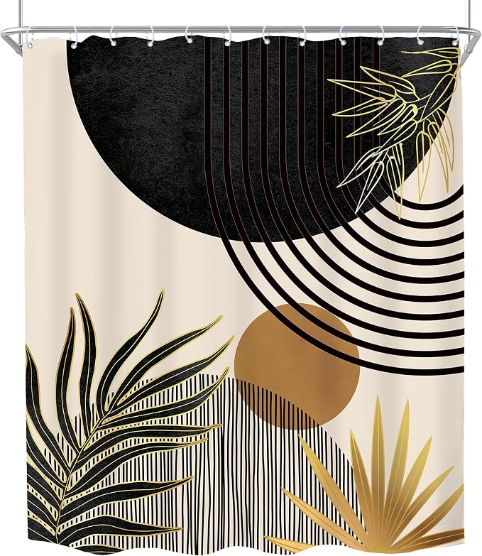 Mid Century Black Gold Boho Abstract Modern Bathroom Shower Curtain Set | 60Wx72L Green design, waterproof HD print with fast-drying fabric and 12 hooks.