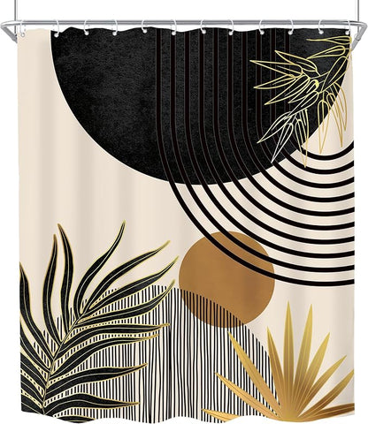 Mid Century Black Gold Boho Abstract Modern Bathroom Shower Curtain Set | 60Wx72L Green design, waterproof HD print with fast-drying fabric and 12 hooks.