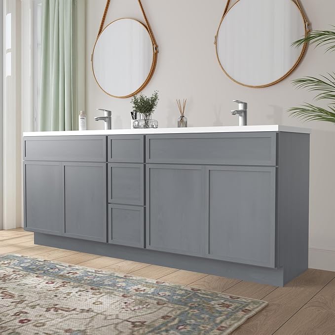 HomeBeyond 78 Inches Bathroom Vanity Base Cabinet Without Sink, Double Sink Top Sturdy Floor Mounted Cabinet with Door & Soft Closing Drawers, Sliver, VA4133-2+VA4112-3