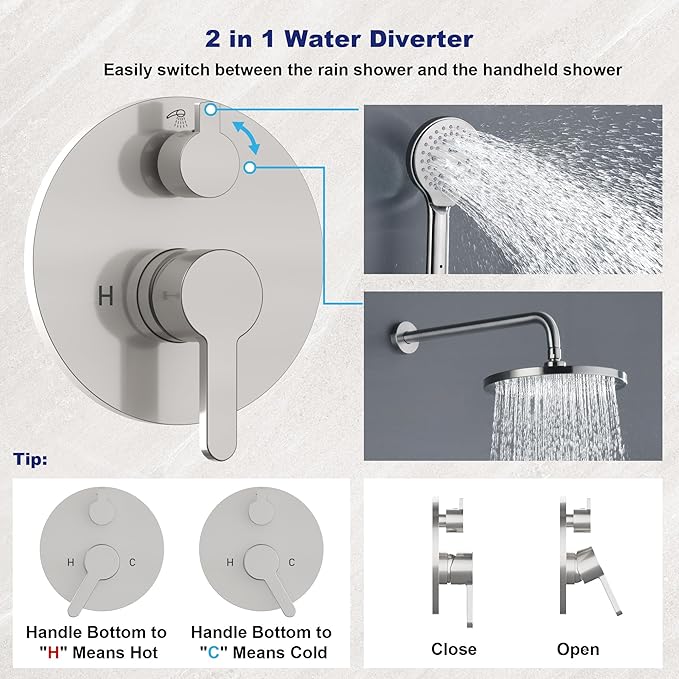 Brushed Nickel Shower Faucet Set with Valve 10 Inches Rainfall Shower Head Combo Set, Wall Mount Shower Fixtures Shower Head System with 6 Function Handheld