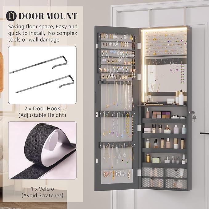 Vlsrka 47.2" Jewelry Armoire Organizer, Wall/Door Mounted Jewelry Cabinet | Built-in LED Mirror, Large Lockable Hanging Full Length Mirror with Jewelry Storage, 4 Drawers, 5 Shelves for Women, Gray
