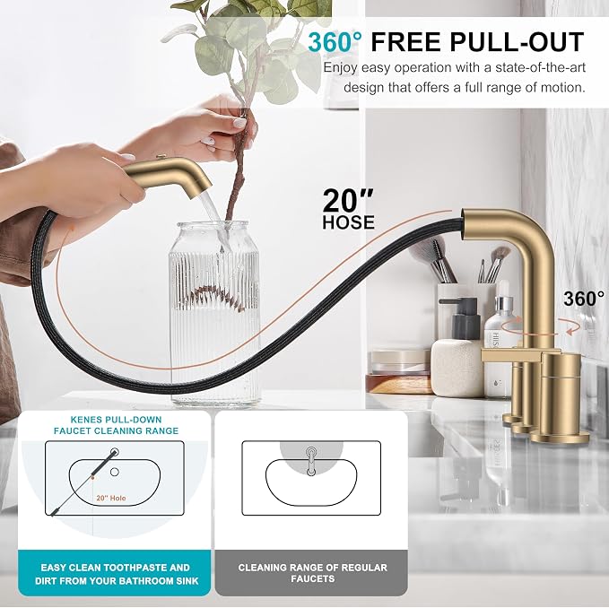 Champagne Bronze Pull Down Widespread Bathroom Faucet 3 Hole 2 Handle | Pull Out Bathroom Faucet with Pop Up Drain & Supply Lines, Lead-Free cUPC & NSF Certified, 8 Inch Faucet for Vanity RV Sink