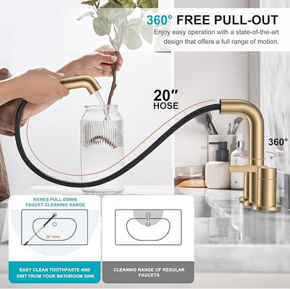 Champagne Bronze Pull Down Widespread Bathroom Faucet 3 Hole 2 Handle | Pull Out Bathroom Faucet with Pop Up Drain & Supply Lines, Lead-Free cUPC & NSF Certified, 8 Inch Faucet for Vanity RV Sink