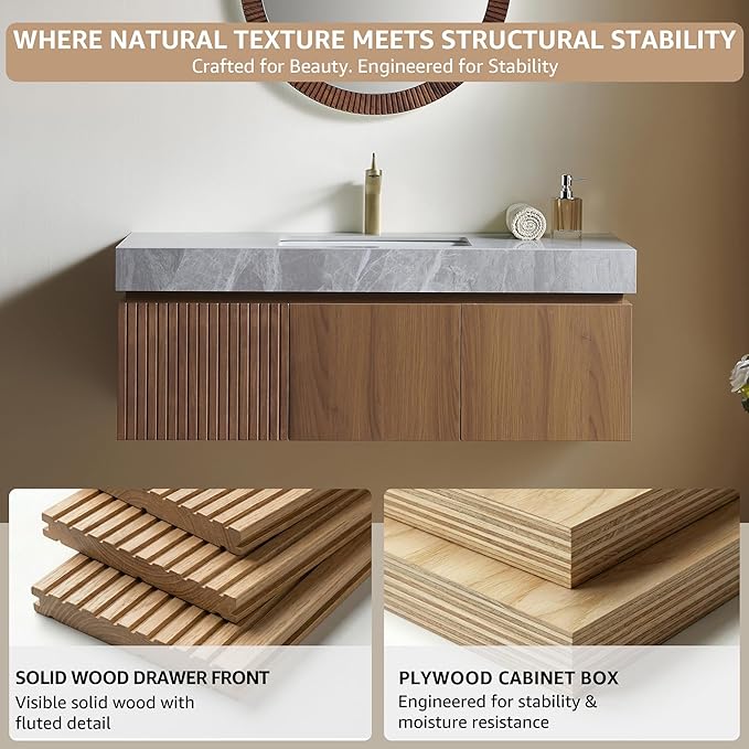 48” Floating Bathroom Vanity with Sink, Wall-Mounted Cabinet with Drawer & Doors, Gray Travertine-Pattern Sintered Stone Top, Undermount Basin, Single Faucet Hole, Soft-Close, Pre-Assembled, Brown Oak