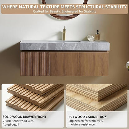 48” Floating Bathroom Vanity with Sink, Wall-Mounted Cabinet with Drawer & Doors, Gray Travertine-Pattern Sintered Stone Top, Undermount Basin, Single Faucet Hole, Soft-Close, Pre-Assembled, Brown Oak