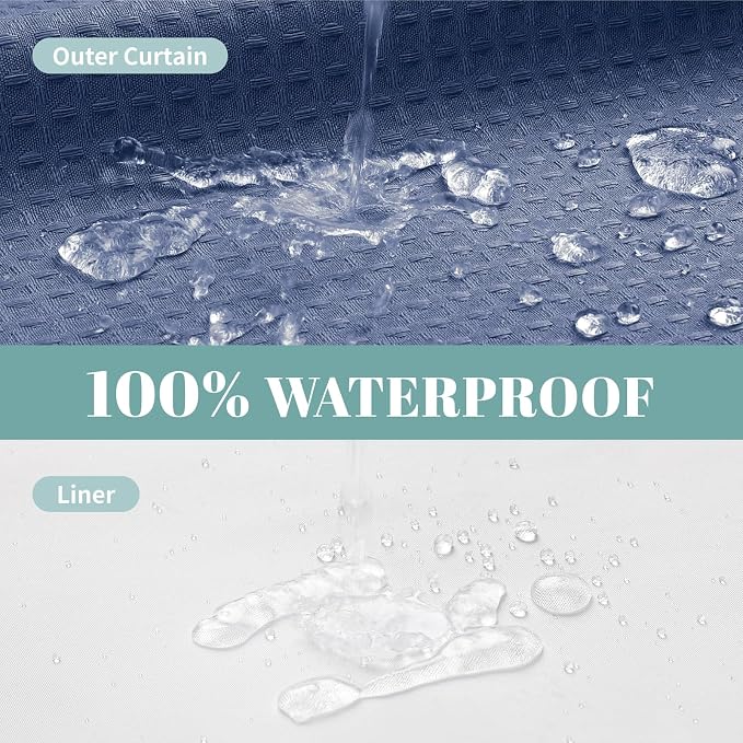 No Hook Waffle Shower Curtain with Snap-in Liner, 71x80 Inch,Moonlight Blue | 230 GSM waffle weave fabric, waterproof liner set with 2 bottom magnets, mesh top window, washable, for bathroom or hotel use