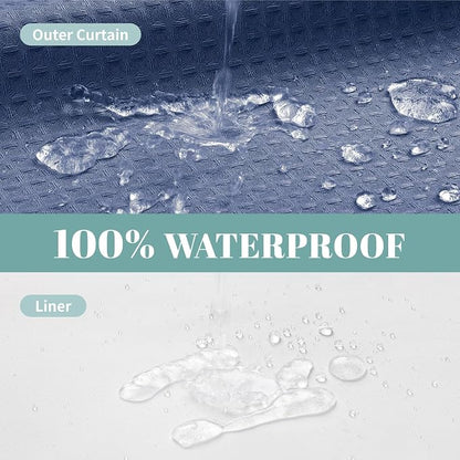 No Hook Waffle Shower Curtain with Snap-in Liner, 71x74 Inch, MoonlightBlue | 230 GSM waffle weave fabric, waterproof liner set with 2 bottom magnets, mesh top window, washable, for bathroom or hotel use
