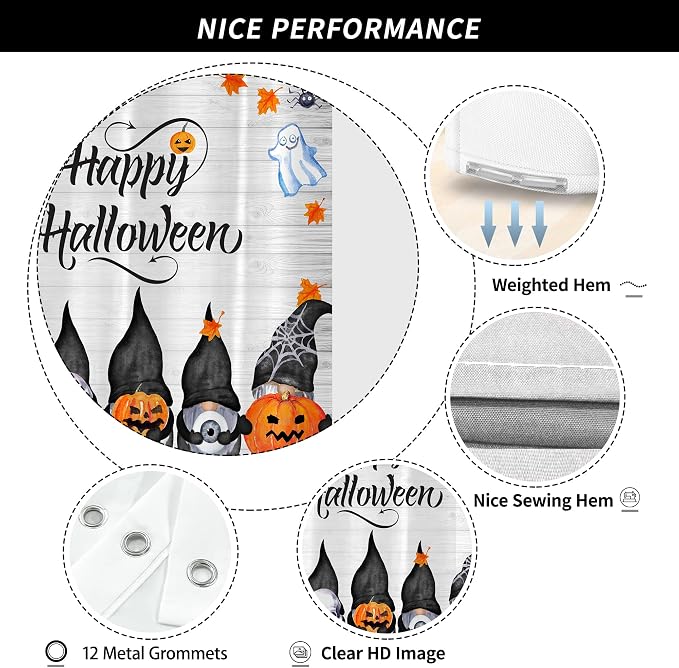 Halloween Cute Funny Gnomes Spooky Pumpkin Shower Curtain for Bathroom 72W*72H Inch Farmhouse Rustic Horror Bathtub Skull Ghost Maples Bat Decor Waterproof Polyester Fabric Set with 12 Hooks