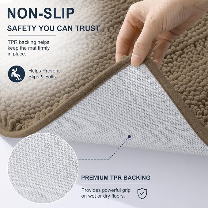 Smiry Thick Chenille Bathroom Rugs 36x24, Soft Absorbent Bath Mat, Tan | Quick‑Dry & Machine Washable, Non‑Slip Bath Carpet, Striped Bath Rugs for Tub & Shower, Modern Home Decor Accessories