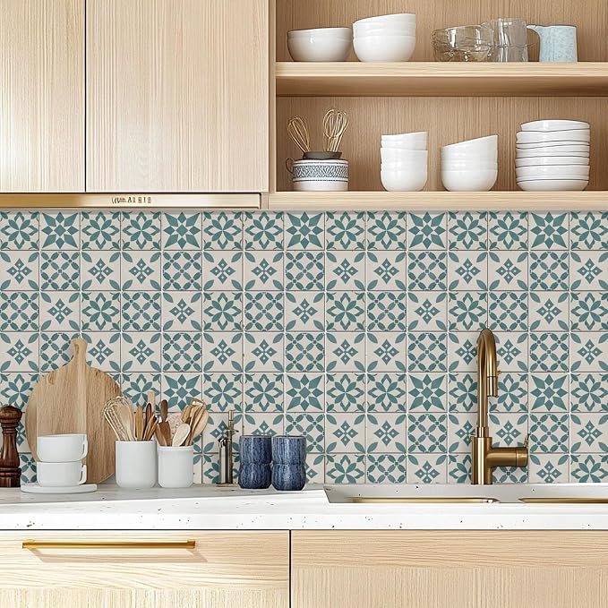 36 Pcs 4 Styles Retro Blue and Green Patten Tile Sticker Geometric Patten Wall Tile Stickers Waterproof Self Adhesive Stick on Decals for Kitchen Bathroom Wall Art 4×4 Inch