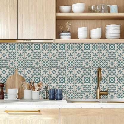 36 Pcs 4 Styles Retro Blue and Green Patten Tile Sticker Geometric Patten Wall Tile Stickers Waterproof Self Adhesive Stick on Decals for Kitchen Bathroom Wall Art 4×4 Inch