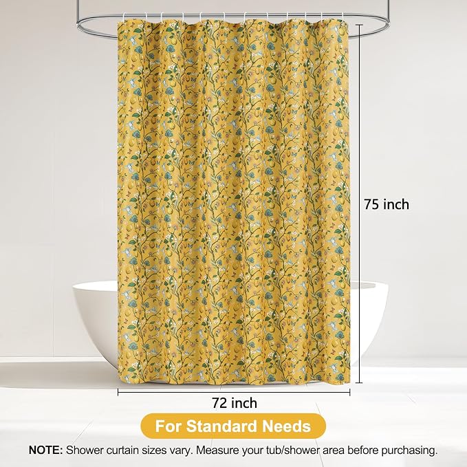 Yellow Floral Bird Shower Curtain 72x75, Hummingbird and Lemon Botanical Fabric Bath Curtains, Lightweight Quick-Dry Bathroom Decor Set with Hooks