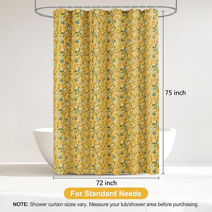 Yellow Floral Bird Shower Curtain 72x75, Hummingbird and Lemon Botanical Fabric Bath Curtains, Lightweight Quick-Dry Bathroom Decor Set with Hooks