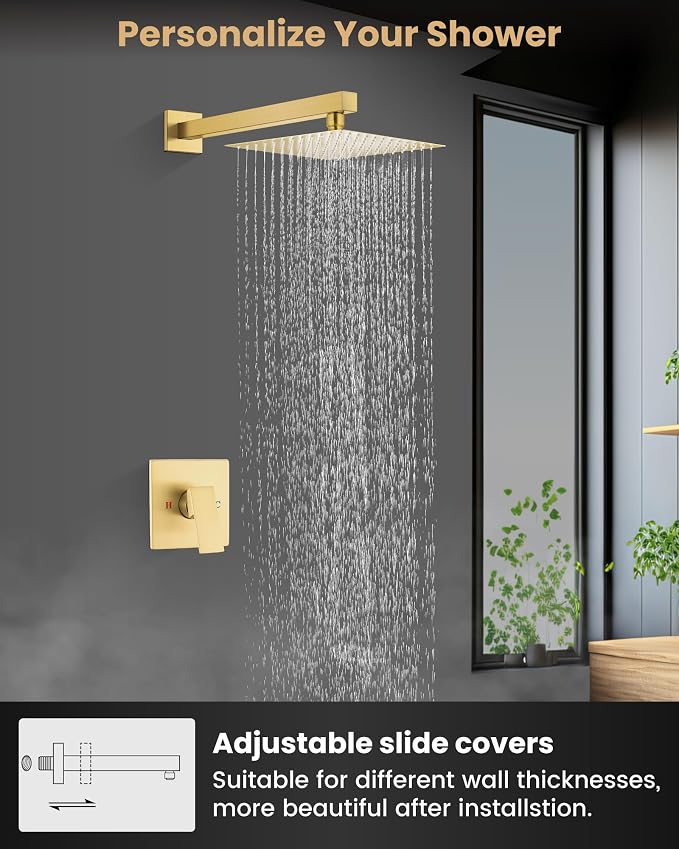 Airuida 8 Inch Brushed Gold Shower Faucet Set,Shower Valve Kit | Rainfall Shower Head and Handle Set,Female Thread Rough-in Valve Shower Kit,Single Function Shower System