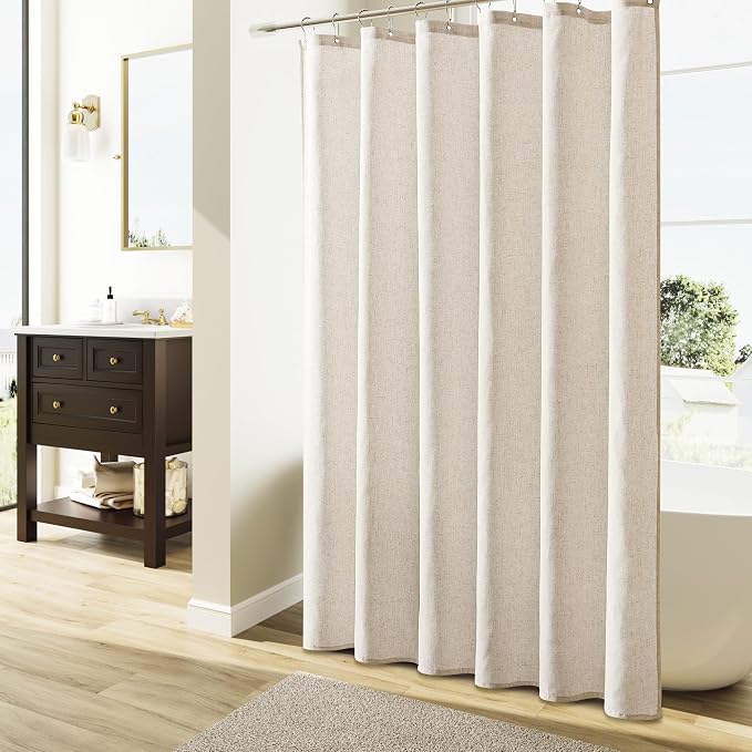 Extra Long Linen Shower Curtain 86 Inch Long Weighted Thick Fabric Bath Shower Curtain Set with Hooks, XLong Tall Country Farmhouse Beige Curtains for Bathroom, 72x86